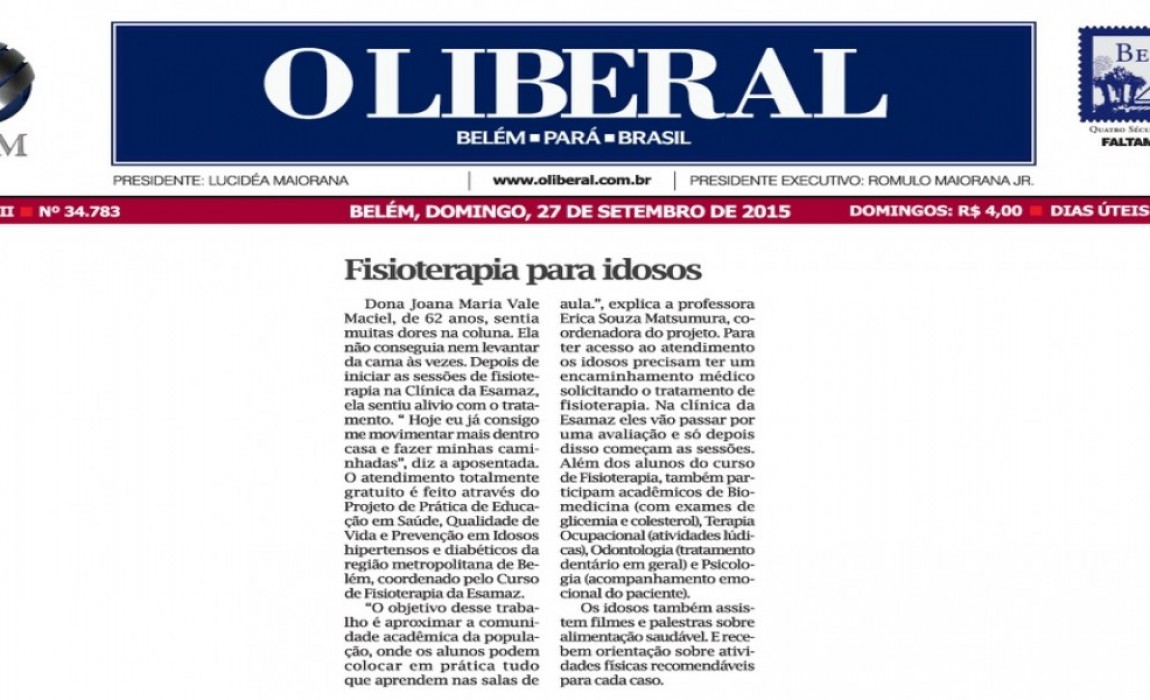 Projeto da Esamaz que atende idosos hipertensos e diabÃ©ticos Ã© destaque em O Liberal   